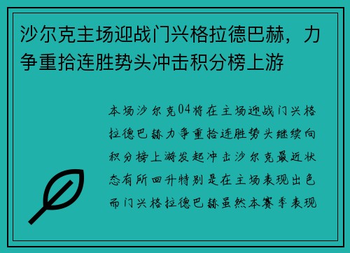 沙尔克主场迎战门兴格拉德巴赫，力争重拾连胜势头冲击积分榜上游