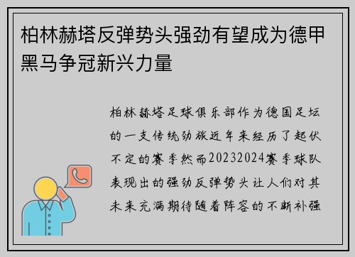 柏林赫塔反弹势头强劲有望成为德甲黑马争冠新兴力量