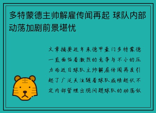 多特蒙德主帅解雇传闻再起 球队内部动荡加剧前景堪忧