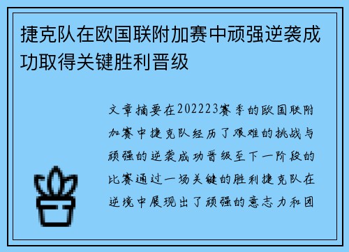 捷克队在欧国联附加赛中顽强逆袭成功取得关键胜利晋级